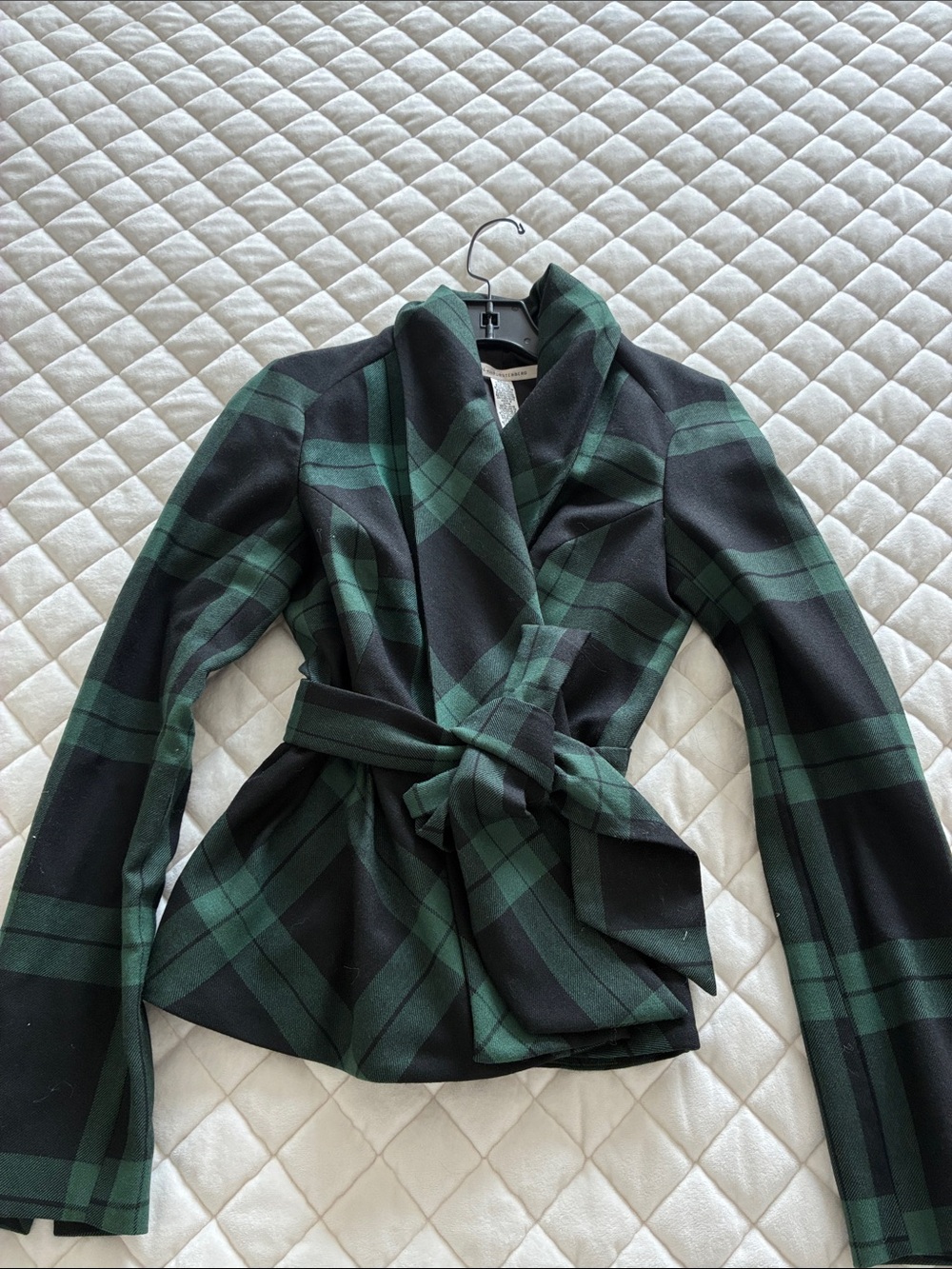 Diane Von Furstenberg Black and Forest Green Plaid Wrap Blazer with Belt